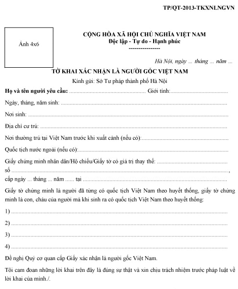 mẫu đơn xin xác nhận có nguồn gốc Việt Nam